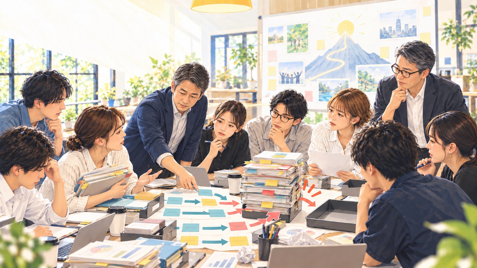 仕事の流れを描いた紙の上で、赤い矢印が一点に詰まっている。全員が止まっている場所を見ている