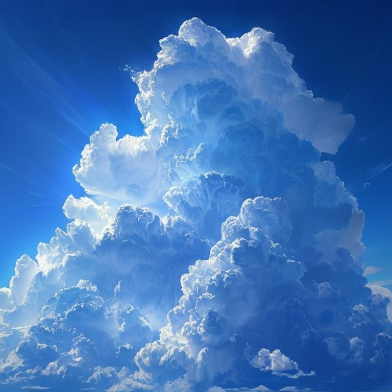 真夏の真っ青な空に、光を受けて湧き上がる大きな入道雲
